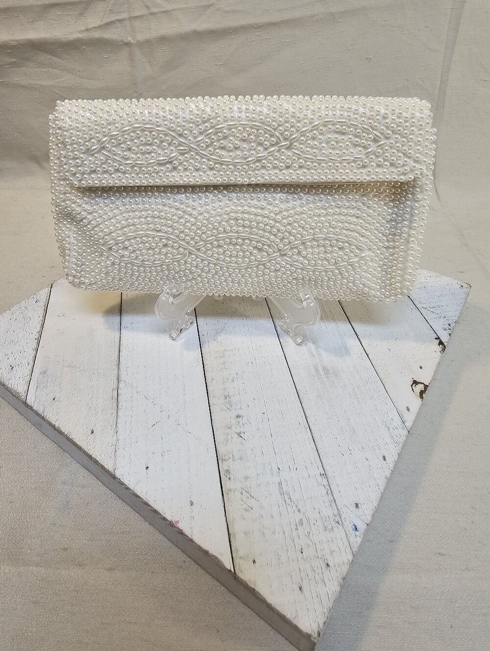 Vintage Crown Pearl Beaded White Evening Clutch Made In Japan
